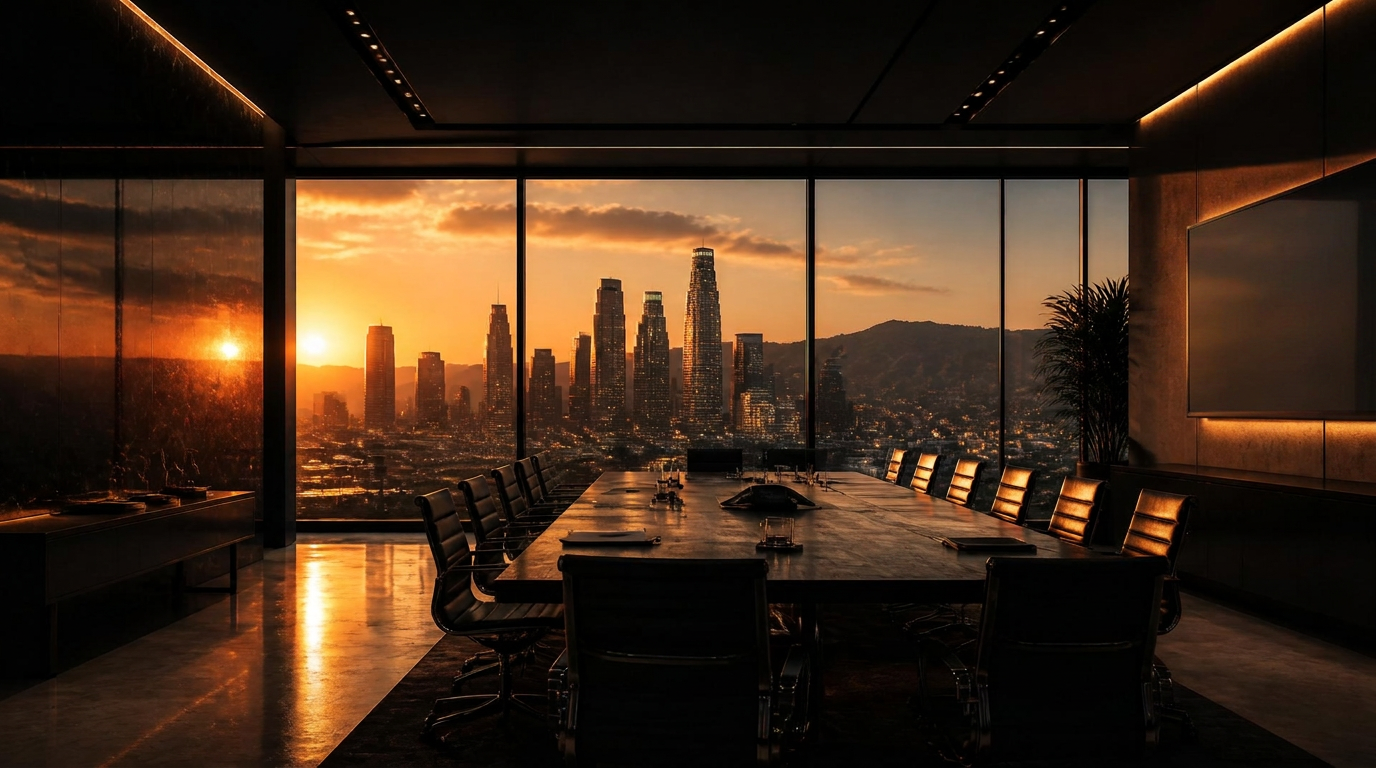 Boardroom overlooking the Los Angeles skyline at dusk