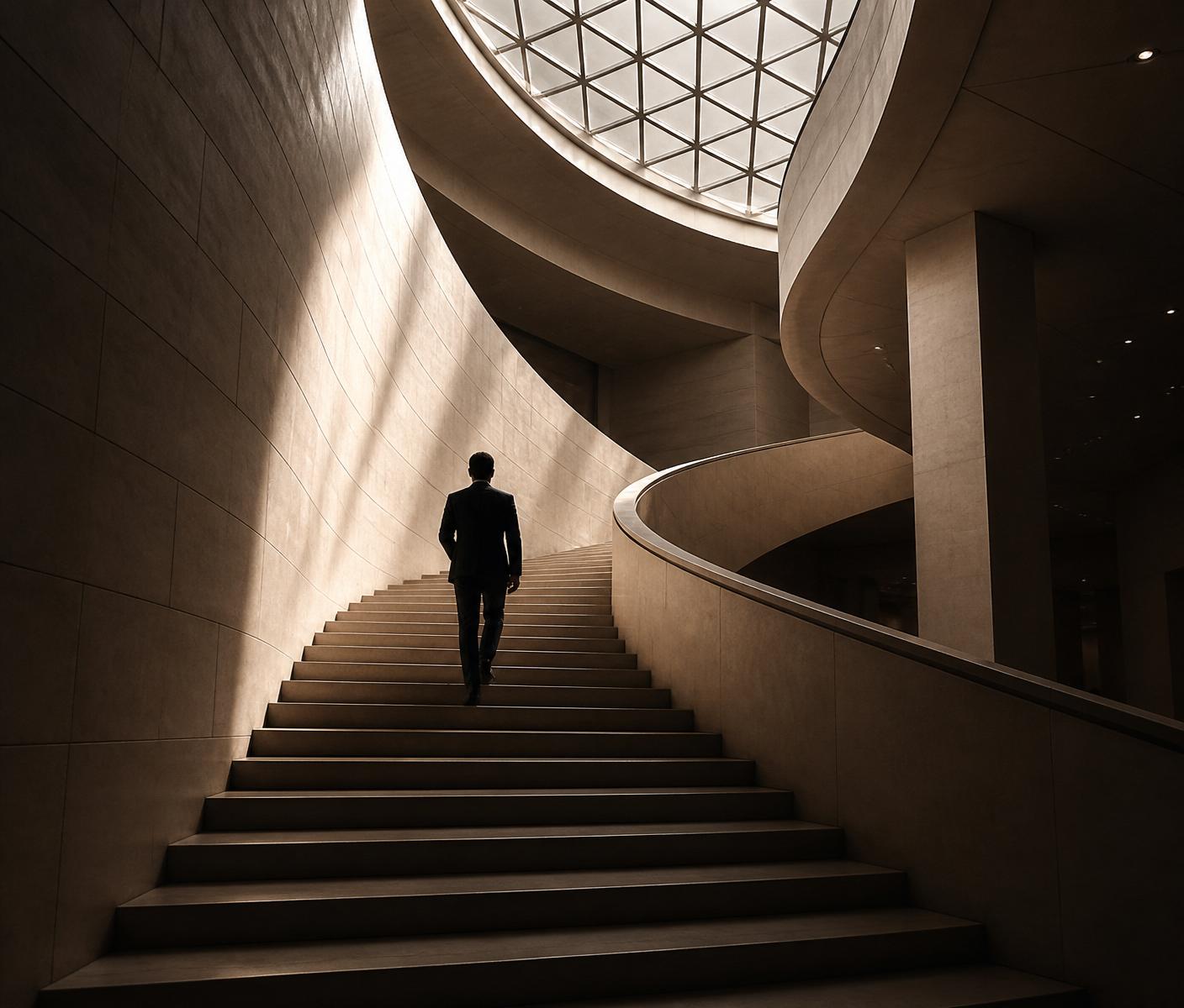 Silhouette ascending an architectural staircase